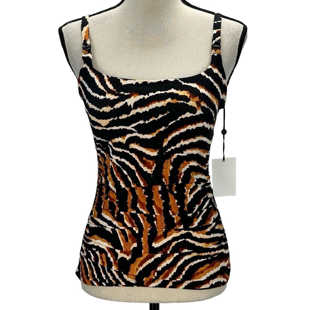 DKNY Shirred Sides Animal Print Tankini Top - Black Brown Tan Ivory -size Medium